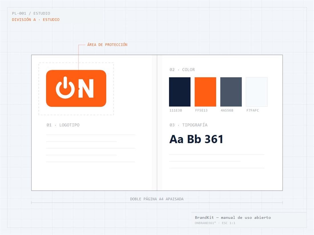 Plancha técnica del manual de marca abierto con logotipo, paleta y tipografías