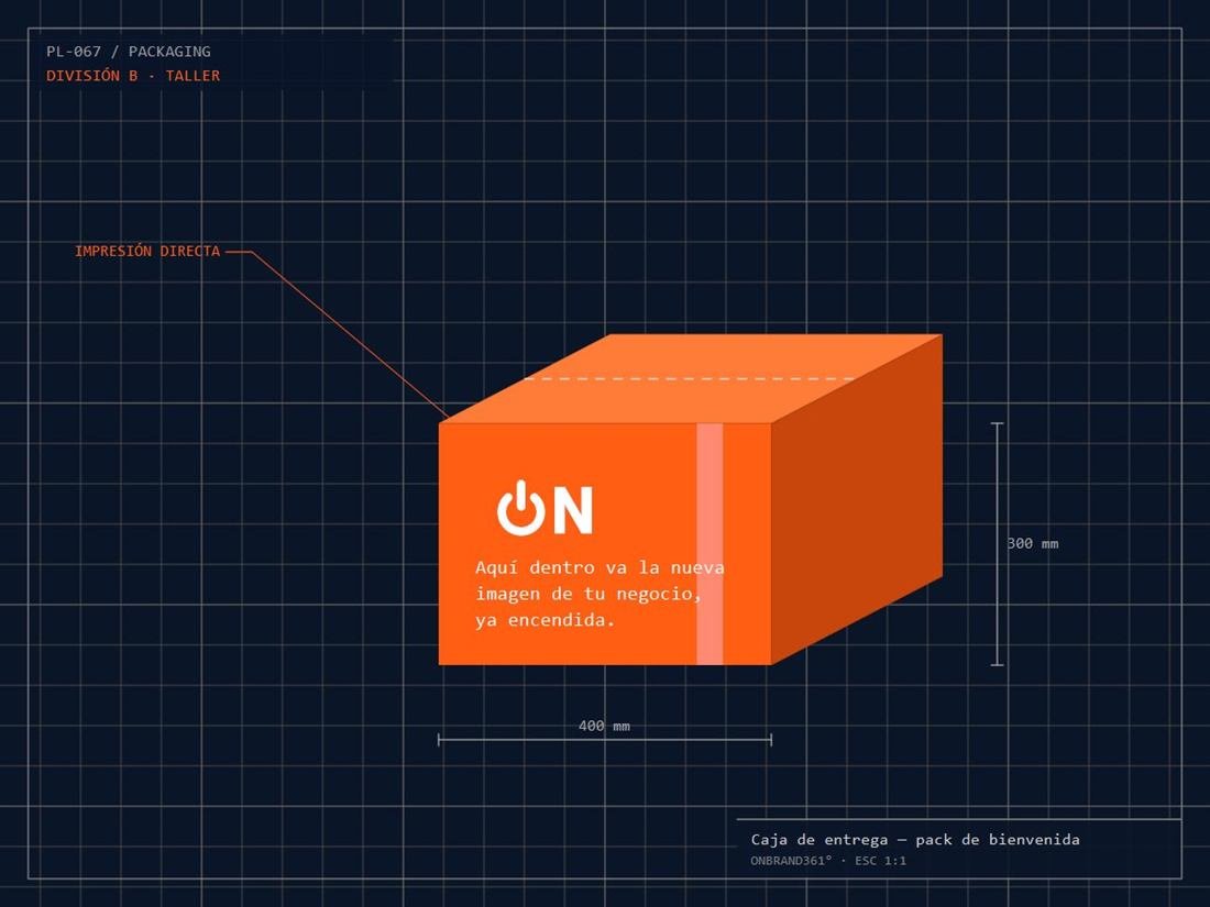 Plancha técnica de caja de entrega naranja con mensaje impreso